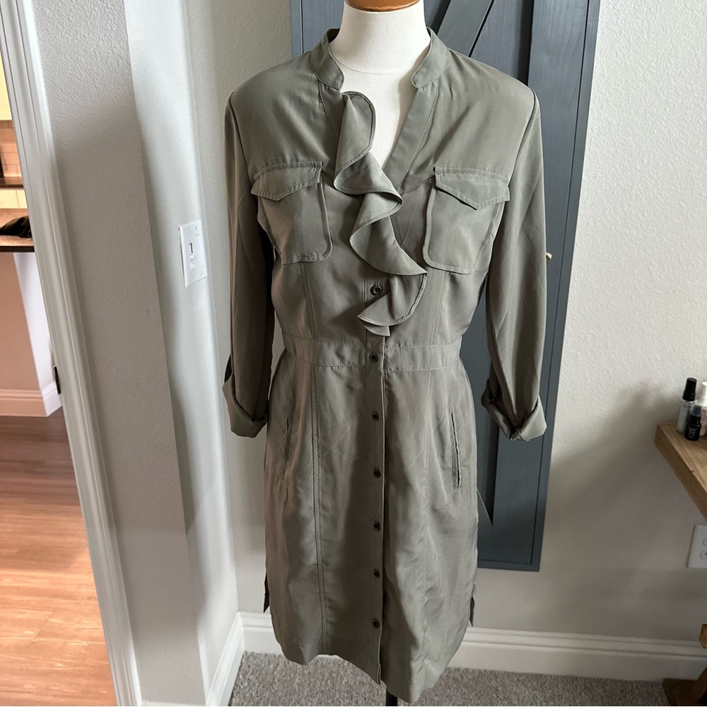 NEW with Tags. Banana Republic Factory Olive Green Women's Ruffle Front Dress.